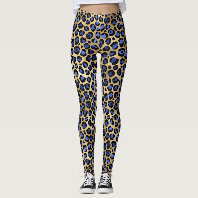 Stylish Royal Blue and Gold Foil Leopard Spots Leggings (Front)