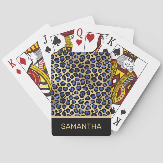 Stylish Royal Blue and Gold Foil Leopard Spots Playing Cards (Back)