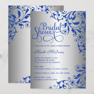Stylish Royal Blue and Silver Swirls Bridal Shower Invitation
