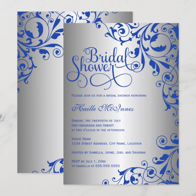 Stylish Royal Blue and Silver Swirls Bridal Shower Invitation (Front/Back)
