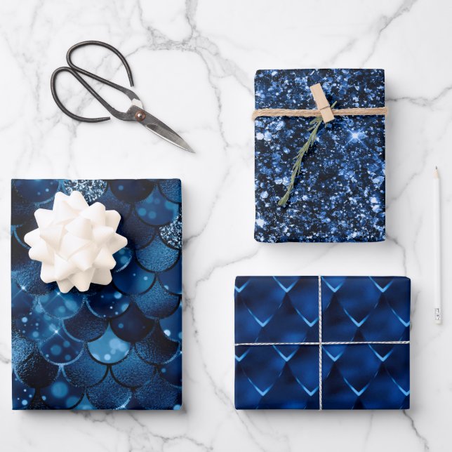 Stylish Royal Blue Dragon & Mermaid Scales Glitter Wrapping Paper Sheet (Front)