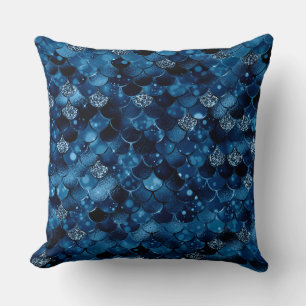 Stylish Royal Blue Glitter Mermaid Fish Scales Throw Pillow