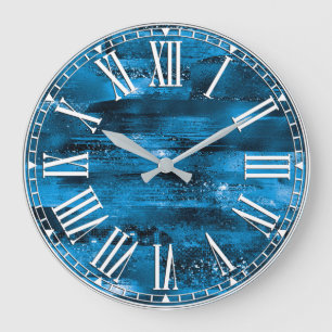 Stylish Royal Blue Glitter Shimmer Brushstrokes Large Clock