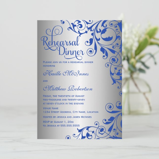 Stylish Royal Blue Silver Swirls Rehearsal Dinner Invitation (Standing Front)