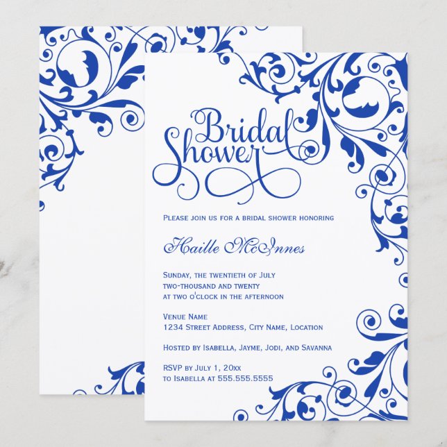 Stylish Royal Blue Swirls Bridal Shower Invitation (Front/Back)