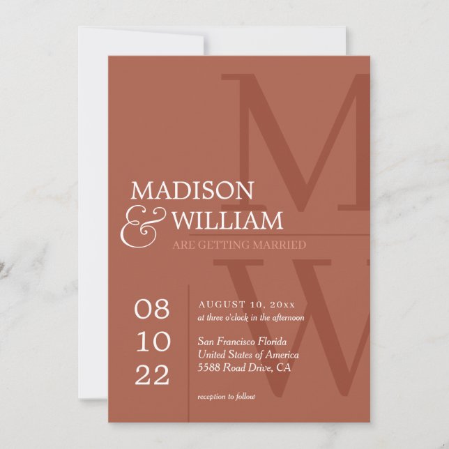 Stylish Rust Terracotta Monogram Photo Wedding Invitation (Front)