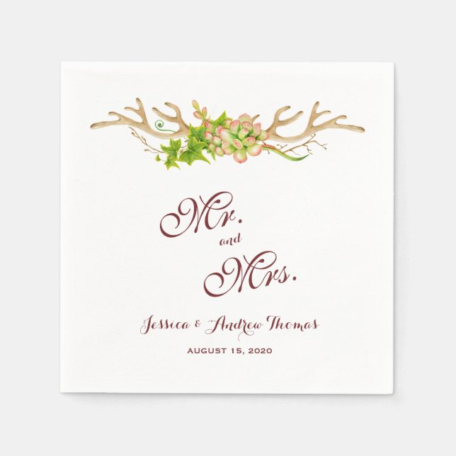 Stylish Rustic Antlers & Wildflowers Wedding Napkin (Front)
