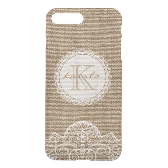 Stylish Rustic Country Burlap Ivory Lace Monogram iPhone 8 Plus/7 Plus Case