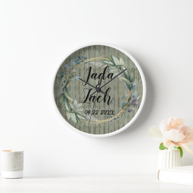 Stylish Rustic Leafy Wreath Wedding Clock (Home)
