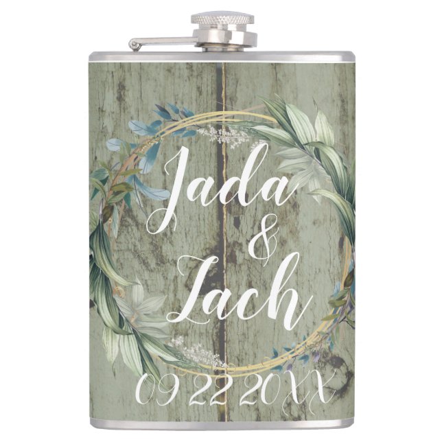 Stylish Rustic Leafy  Wreath Wedding  Hip Flask (Front)