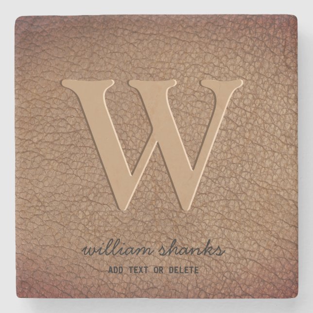 Stylish rustic leather black gold script monogram stone coaster (Front)