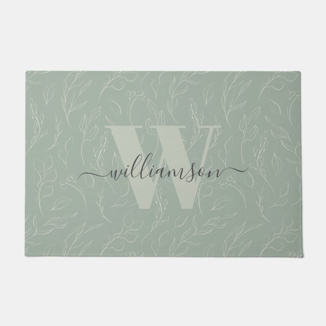 Stylish Rustic Sage Green Botanical Floral Name    Doormat (Front)