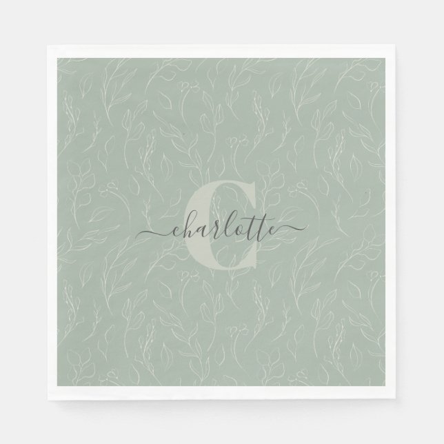 Stylish Rustic Sage Green Botanical Floral Name Napkin (Front)