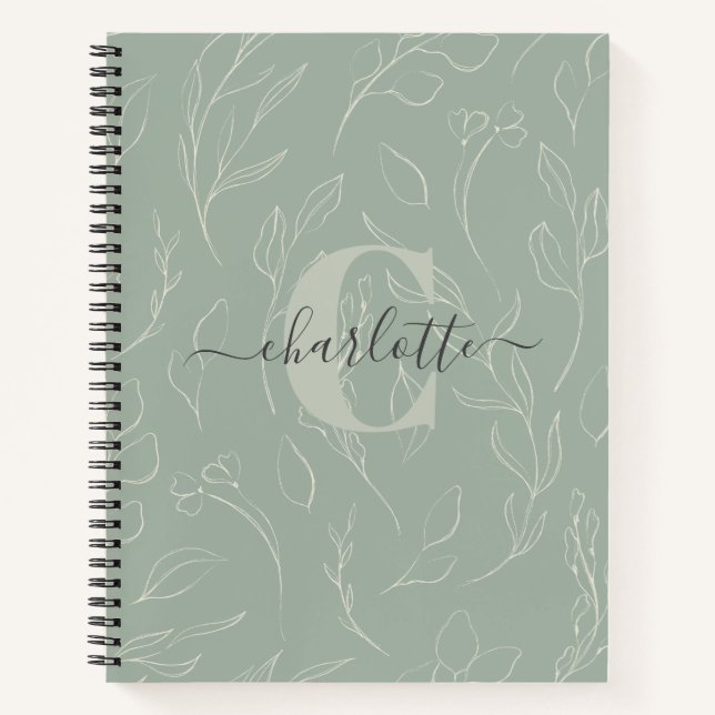 Stylish Rustic Sage Green Botanical Floral Name  Notebook (Front)