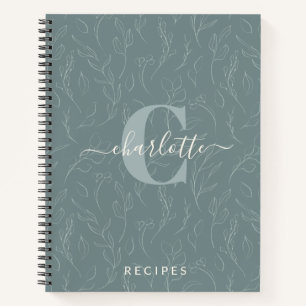 Stylish Rustic Teal Botanical Monogram Recipe Notebook