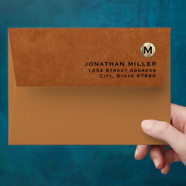Stylish Sable Leather Gold Monogram Return Address Envelope (Hand)
