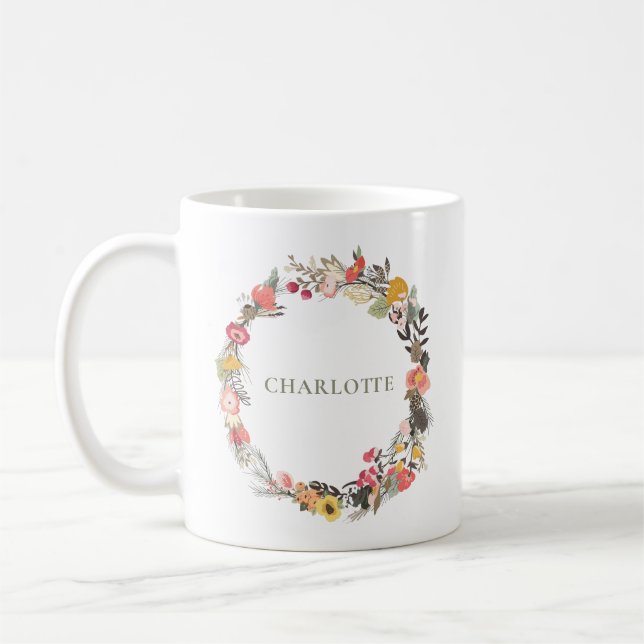 Stylish Sage Autumn Floral Wreath Monogrammed Coffee Mug (Left)