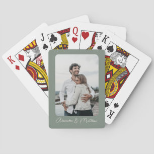 Stylish Sage Green Calligraphy Personalized Photo  Playing Cards