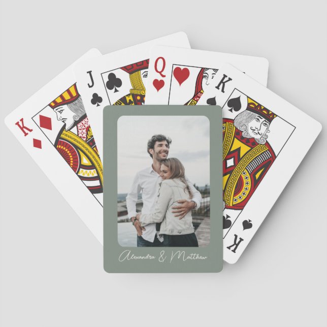 Stylish Sage Green Calligraphy Personalized Photo  Playing Cards (Back)