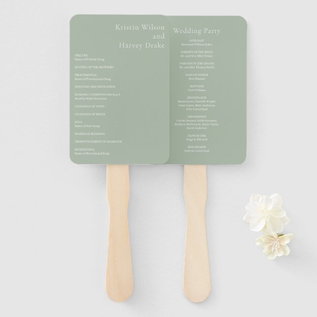 Stylish Sage Green Modern Wedding Program Hand Fan (Front and Back)