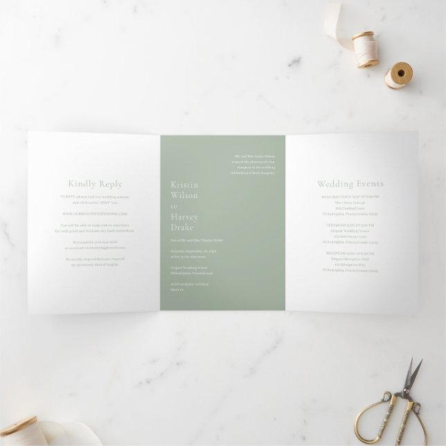 Stylish Sage Green Modern Wedding Tri-Fold Invitation (Inside)