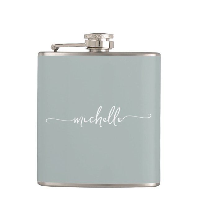 Stylish Sage Green Monogram Name Script Hip Flask (Front)