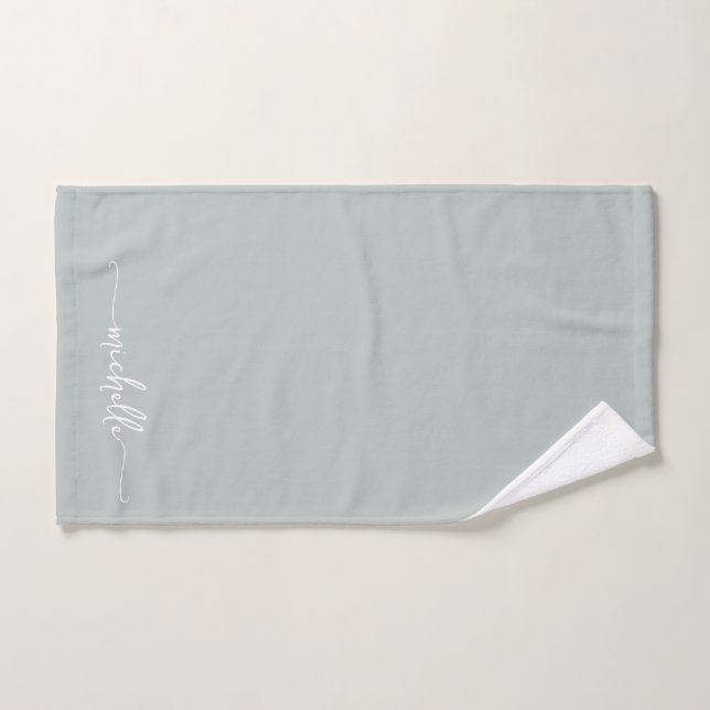 Stylish Sage Green Monogram Name Script Signature  Hand Towel (Hand Towel)