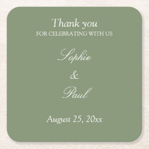 Stylish Sage Green Wedding Thank You Square Paper Coaster