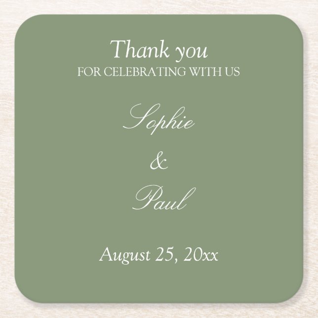 Stylish Sage Green Wedding Thank You Square Paper Coaster (Front)