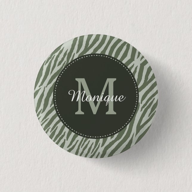 Stylish Sage Green Zebra Print Monogram and Name 1 Inch Round Button (Front)