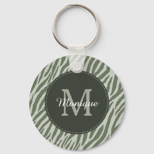 Stylish Sage Green Zebra Print Monogram and Name Keychain