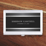 Stylish satin gray and silver borders black business card holder<br><div class="desc">Elegant,  black and gray business card holder with your name and title/company name printed on the front. At the top and bottom are printed satin gray and silver gradient borders. White and gray text.</div>