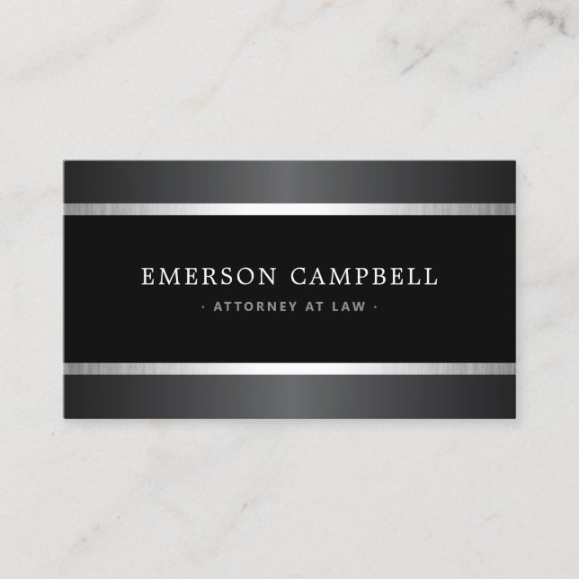 Stylish satin grey and silver borders black business card (Front)