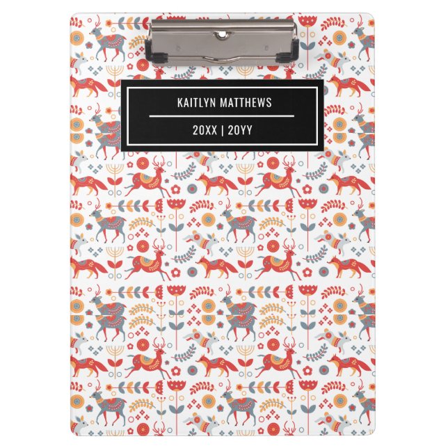 Stylish Scandinavian Animal Pattern Name Clipboard (Front)