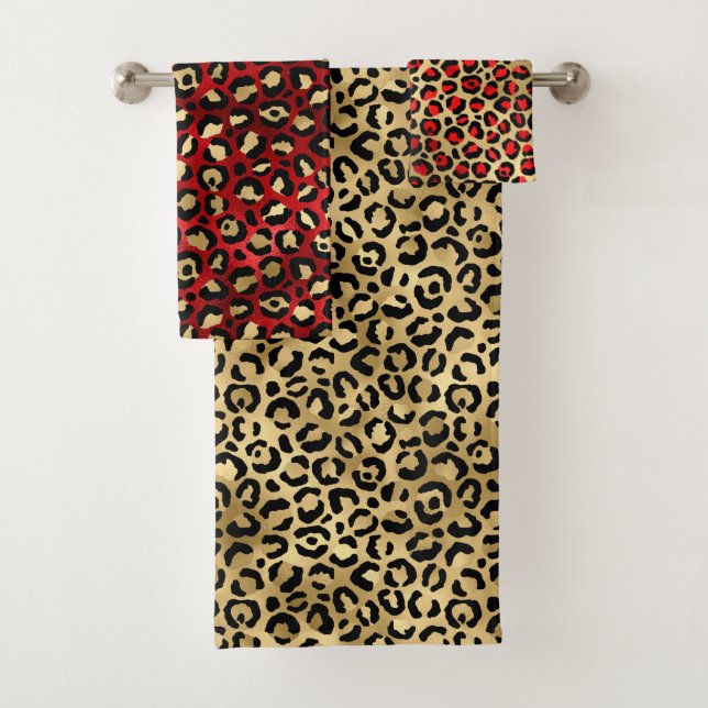 Stylish Scarlet Red and Gold Foil Leopard Spots Bath Towel Set (Insitu)