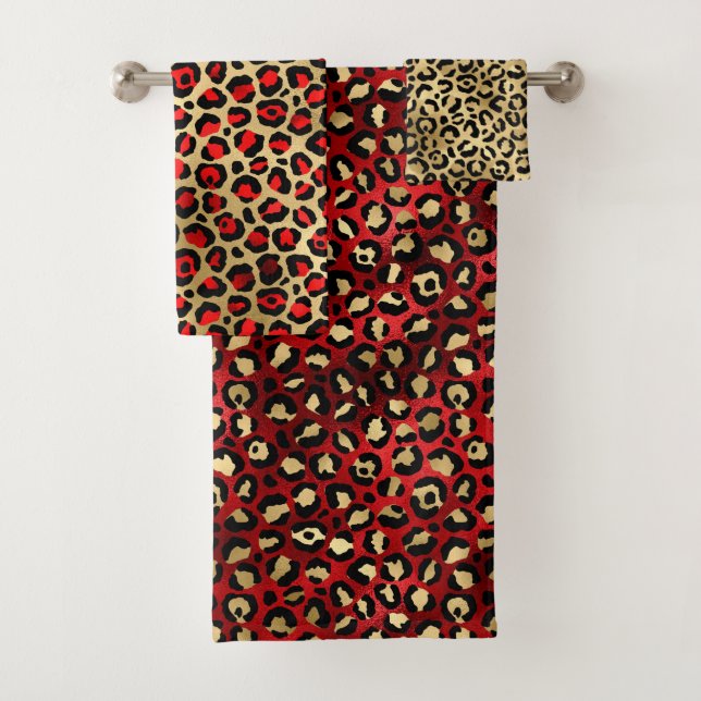 Stylish Scarlet Red and Gold Foil Leopard Spots Bath Towel Set (Insitu)