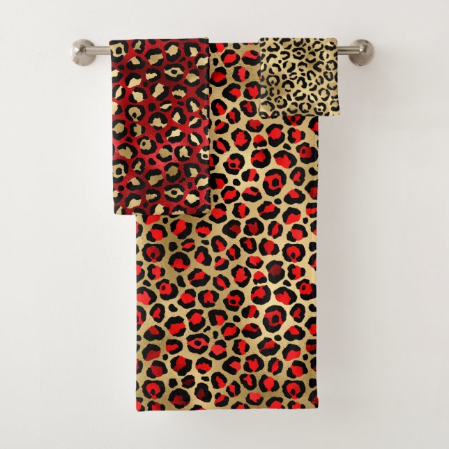 Stylish Scarlet Red and Gold Foil Leopard Spots Bath Towel Set (Insitu)