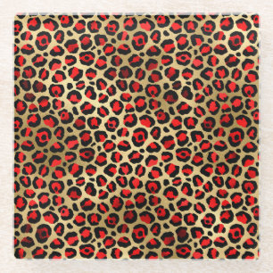 Stylish Scarlet Red and Gold Foil Leopard Spots Glass Coaster