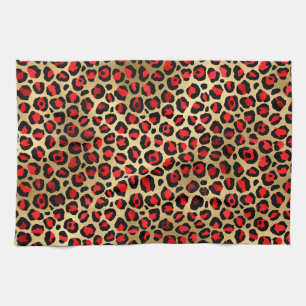 Stylish Scarlet Red and Gold Foil Leopard Spots Kitchen Towel