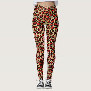 Stylish Scarlet Red and Gold Foil Leopard Spots Leggings