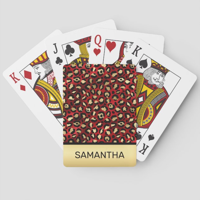 Stylish Scarlet Red and Gold Foil Leopard Spots Playing Cards (Back)