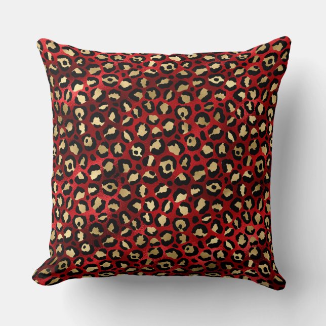 Stylish Scarlet Red and Gold Foil Leopard Spots Throw Pillow (Front)
