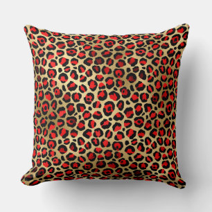 Stylish Scarlet Red and Gold Foil Leopard Spots Throw Pillow
