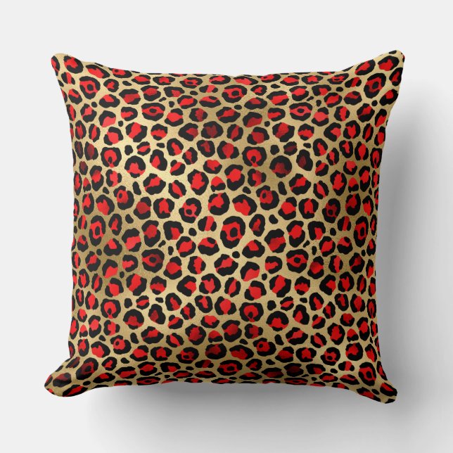 Stylish Scarlet Red and Gold Foil Leopard Spots Throw Pillow (Front)