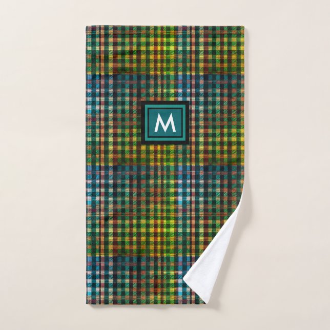 Stylish Scottish Green Tartan Pattern And Monogram Hand Towel (Hand Towel)