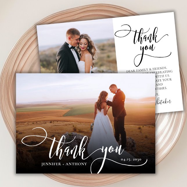 Stylish Script 2 Photo Wedding Thank You Card (Creator Uploaded)