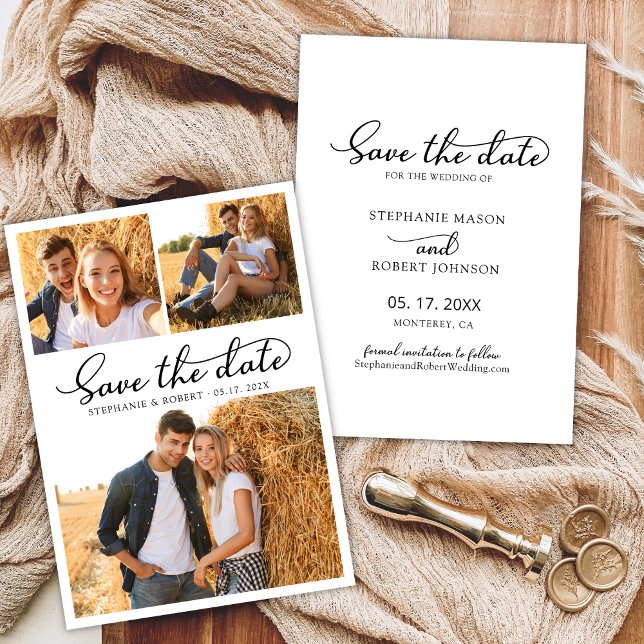 Stylish Script 3 Photo Collage Wedding Save The Date (Creator Uploaded)