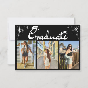 stylish script 3 photos graduation party black invitation