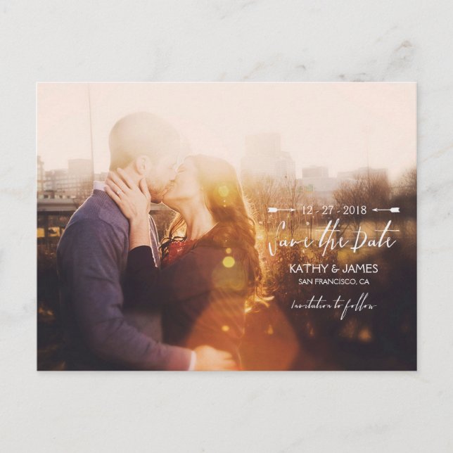Stylish Script & Arrows Full Photo Save the Date Announcement Postcard (Front)