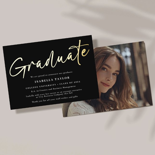 Stylish Script Black Gold Graduation Announcement  (Creator Uploaded)